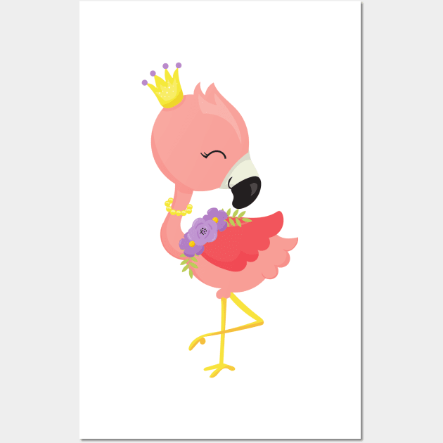 Princess Flamingo, Cute Flamingo, Crown, Flowers Wall Art by Jelena Dunčević